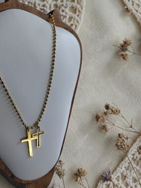 Layered Gold Double Cross Pendant Necklace for Women